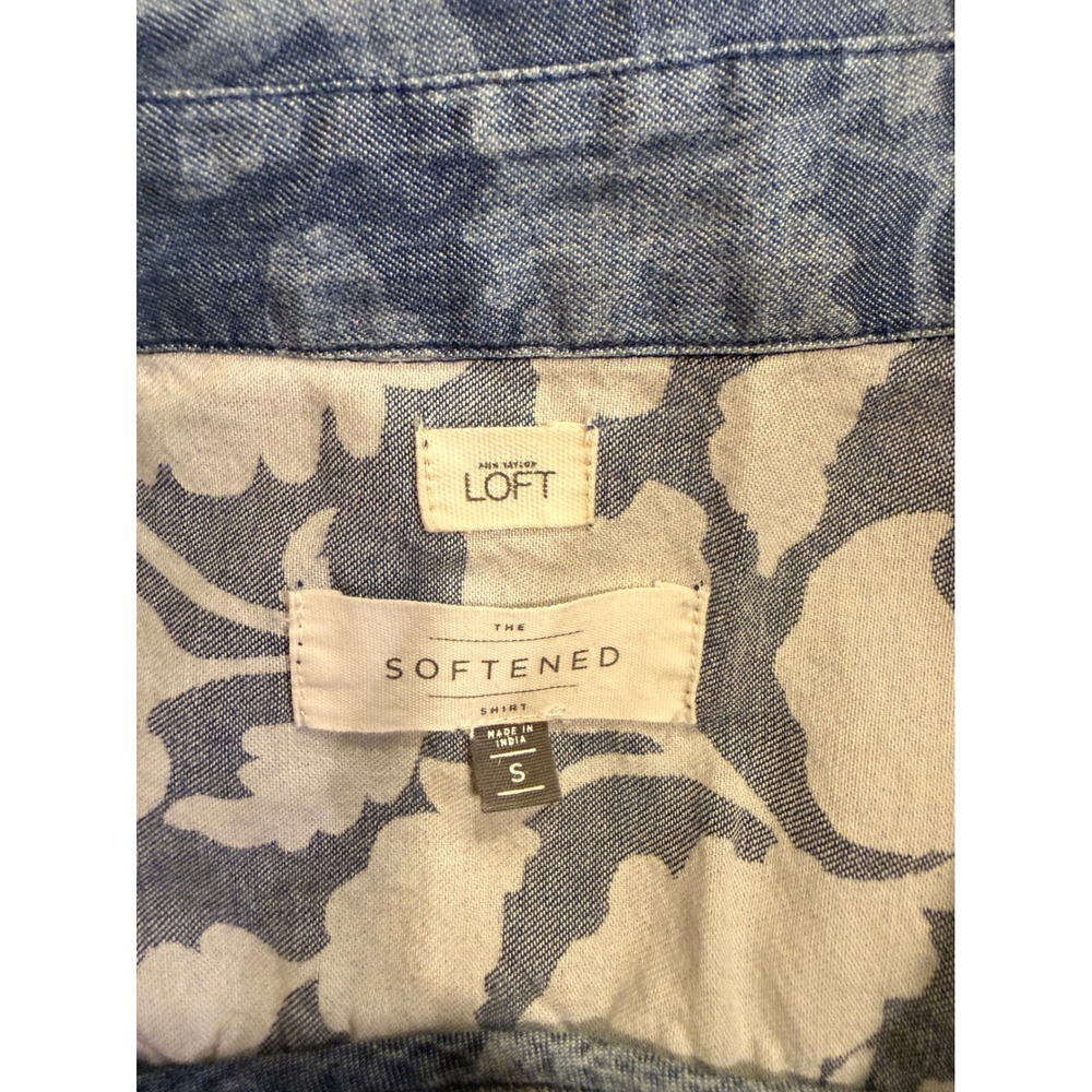 LOFT Women Softened Shirt Blue S‎ Floral Cotton Button Down Long Sleeve Chambray - Picture 3 of 6
